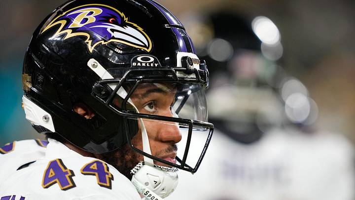 Dec 27, 2025; Green Bay, Wisconsin, USA; Baltimore Ravens cornerback Marlon Humphrey (44) looks on before a game against the Green Bay Packers at Lambeau Field. Mandatory Credit: Kayla Wolf-Imagn Images