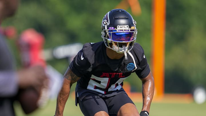 Jul 28, 2023; Flowery Branch, GA, USA; Atlanta Falcons cornerback A.J. Terrell (24) shown on the field during training camp at IBM Performance Field. Mandatory Credit: Dale Zanine-Imagn Images