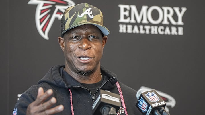 Jun 11, 2025; Atlanta, GA, USA; Atlanta Falcons head coach Raheem Morris answers media questions before practice at Children's Healthcare of Atlanta Training Ground. Mandatory Credit: Dale Zanine-Imagn Images