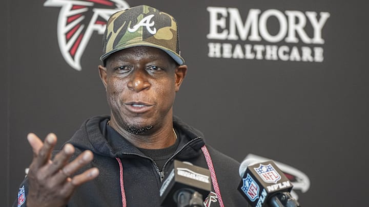 Jun 11, 2025; Atlanta, GA, USA; Atlanta Falcons head coach Raheem Morris answers media questions before practice at Children's Healthcare of Atlanta Training Ground. Mandatory Credit: Dale Zanine-Imagn Images