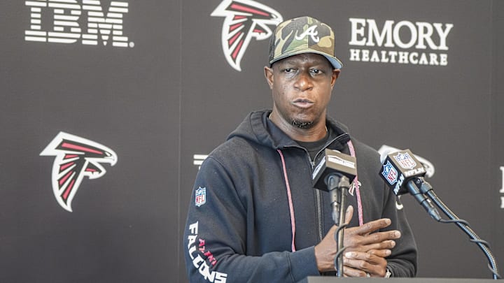 Jun 11, 2025; Atlanta, GA, USA; Atlanta Falcons head coach Raheem Morris answers media questions before practice at Children's Healthcare of Atlanta Training Ground. Mandatory Credit: Dale Zanine-Imagn Images