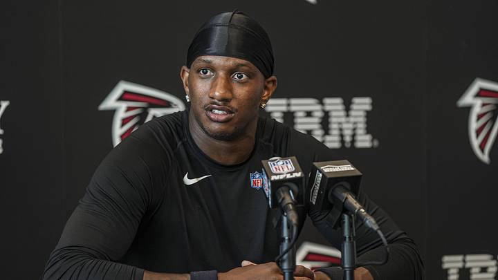 Jun 16, 2026; Atlanta, GA, USA; Atlanta Falcons quarterback Michael Penix Jr. (9) reacts while being interviewed by the media during Minicamp. Mandatory Credit: Dale Zanine-Imagn Images