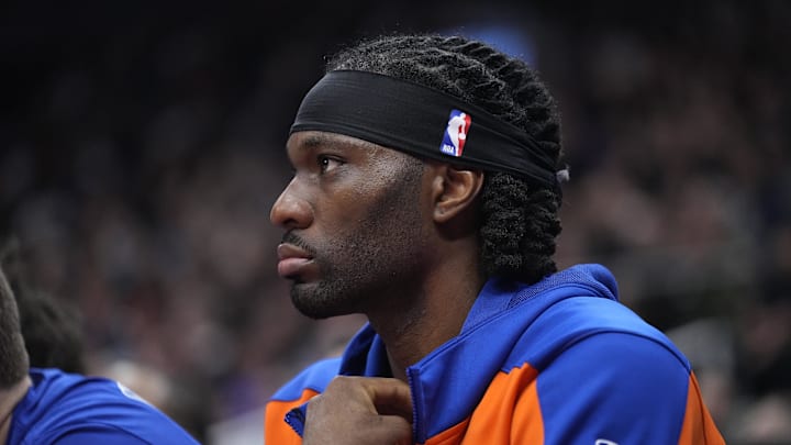 Feb 4, 2025; Toronto, Ontario, CAN; New York Knicks center Precious Achiuwa (5) watches from the bench during the first half against the Toronto Raptors at Scotiabank Arena. Mandatory Credit: John E. Sokolowski-Imagn Images