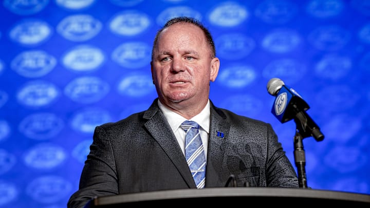Jul 26, 2023; Charlotte, NC, USA;  Duke head coach Mike Elko answers questions from the media during