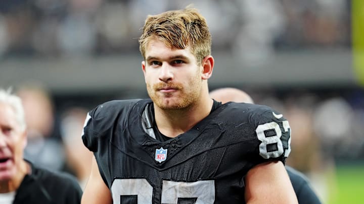 Oct 12, 2025; Paradise, Nevada, USA; Las Vegas Raiders tight end Michael Mayer (87) reacts after the game against the Tennessee Titans at Allegiant Stadium. Mandatory Credit: Stephen R. Sylvanie-Imagn Images