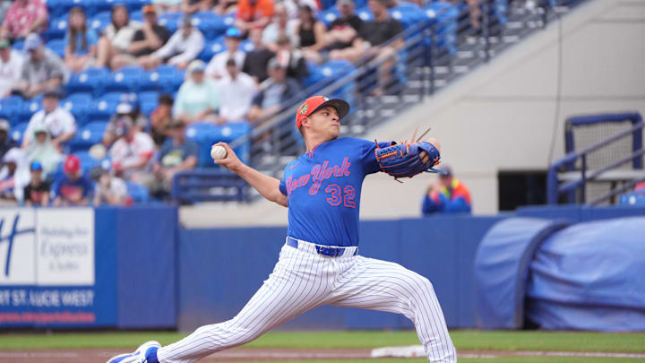 Feb 28, 2026; Port St. Lucie, Florida, USA;  New York Mets pitcher Tobias Myers (32) pitches in the second inning against the Washington Nationals at Clover Park. Mandatory Credit: Jim Rassol-Imagn Images