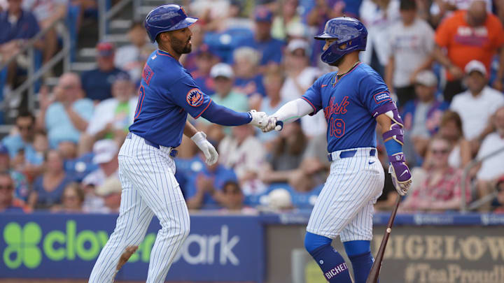 Mar 15, 2026; Port St. Lucie, Florida, USA; New York Mets second baseman Marcus Semien (10) is congratulated by New York Mets shortstop Bo Bichette (19) after hitting a solo home run in the first inning against the Toronto Blue Jays at Clover Park. Mandatory Credit: Jim Rassol-Imagn Images Mar 15, 2026; Port St. Lucie, Florida, USA; New York Mets second baseman Marcus Semien (10) is congratulated by New York Mets shortstop Bo Bichette (19) after hitting a solo home run in the first inning against the Toronto Blue Jays at Clover Park. Mandatory Credit: Jim Rassol-Imagn Images