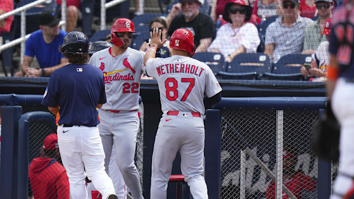 Mar 5, 2025; West Palm Beach, Florida, USA; St. Louis Cardinals left feilder JJ Wetherholt (87) celebrates after scoring against the Houston Astros during the second inning at CACTI Park of the Palm Beaches. Mandatory Credit: Rich Storry-Imagn Images