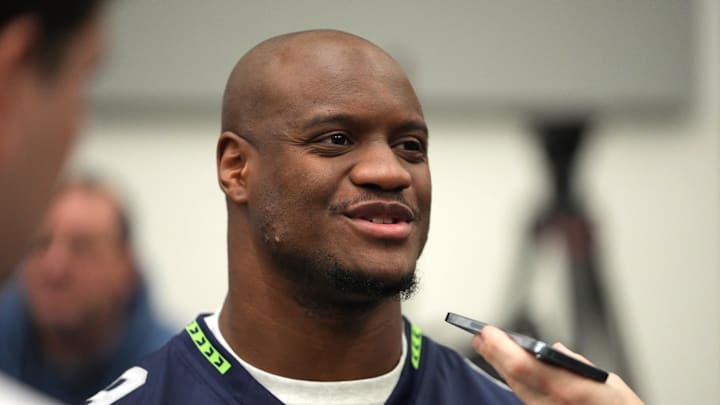 Seattle Seahawks running back Kenneth Walker III speaks to the media