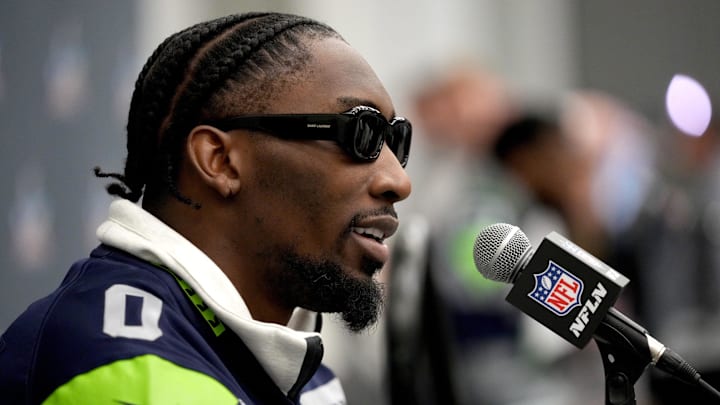 Feb 4, 2026; San Jose, CA, USA; Seattle Seahawks linebacker DeMarcus Lawrence (0) speaks to the media at the San Jose Convention Center. Mandatory Credit: Cary Edmondson-Imagn Images