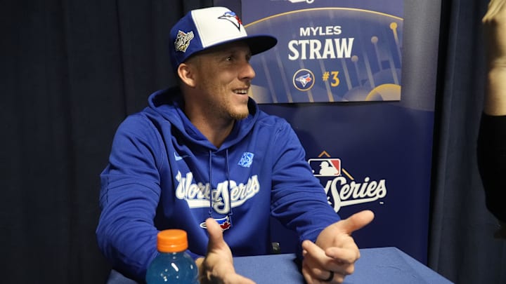 Oct 23, 2025; Toronto, ON, Canada; Toronto Blue Jays center fielder Myles Straw (3) answers a question during media day before game one of the World Series at Rogers Centre. Mandatory Credit: John E. Sokolowski-Imagn Images Oct 23, 2025; Toronto, ON, Canada; Toronto Blue Jays center fielder Myles Straw (3) answers a question during media day before game one of the World Series at Rogers Centre. Mandatory Credit: John E. Sokolowski-Imagn Images