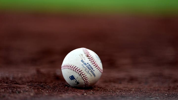 Mar 25, 2026; San Francisco, California, USA; A closeup of a baseball during a break in the action between the San Francisco Giants and the New York Yankees in the sixth inning at Oracle Park. Mandatory Credit: Cary Edmondson-Imagn Images