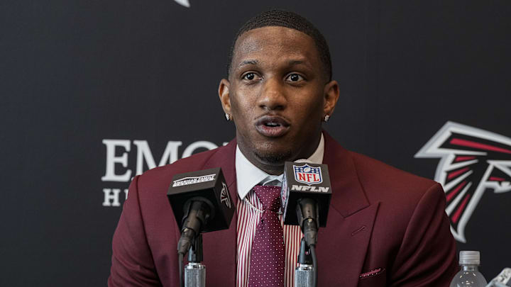 Apr 26, 2024; Flowery Branch, GA, USA; Atlanta Falcons first round draft pick quarterback Michael