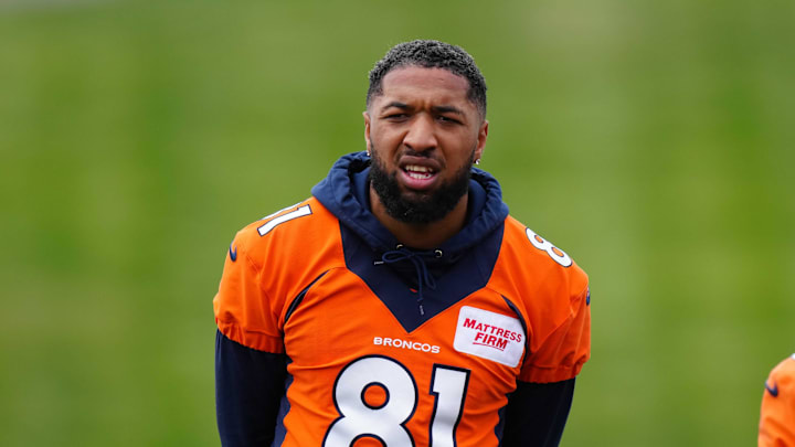 May 23, 2022; Englewood, CO, USA; Denver Broncos wide receiver Tim Patrick (81) during OTA workouts