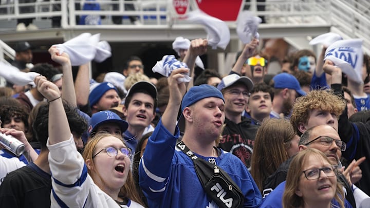 May 14, 2025; Toronto, Ontario, CAN; Toronto Maple Leafs fans cheer in Maple Leaf Square before game five of the second round of the 2025 Stanley Cup Playoffs against the Florida Panthers at Scotiabank Arena. Mandatory Credit: John E. Sokolowski-Imagn Images