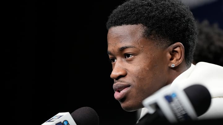 Mar 20, 2025; Raleigh, NC, USA; Baylor Bears guard VJ Edgecombe (7) during the press conference at Lenovo Center. Mandatory Credit: Bob Donnan-Imagn Images