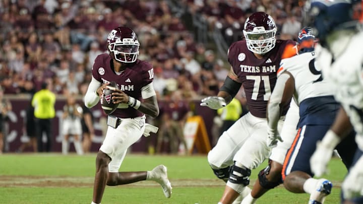 Aug 30, 2025; College Station, Texas, USA; Texas A&M Aggies quarterback Marcel Reed (10) runs with the football during the second half against the UTSA Roadrunners at Kyle Field. Mandatory Credit: Sean Thomas-Imagn Images