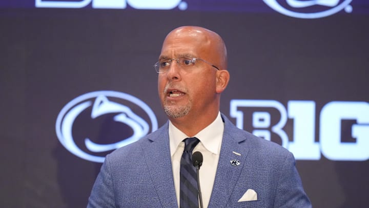 Jul 23, 2025; Las Vegas, NV, USA; Penn State head coach James Franklin speaks to the media during the Big Ten NCAA college football media days at Mandalay Bay Resort. 