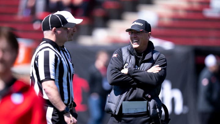 Cincinnati Bearcats head coach Scott Satterfield smiles during the Cincinnati Bearcats football spring practice at Nippert Stadium on Saturday, April 12, 2025.