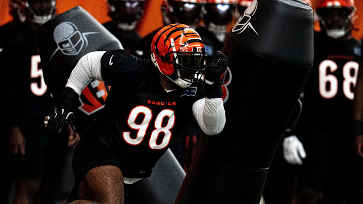 Cincinnati Bengals defensive tackle Sheldon Rankins (98) runs a drill at Bengals spring practice at the IEL Indoor Facility in Cincinnati on Wednesday, June 12, 2024.