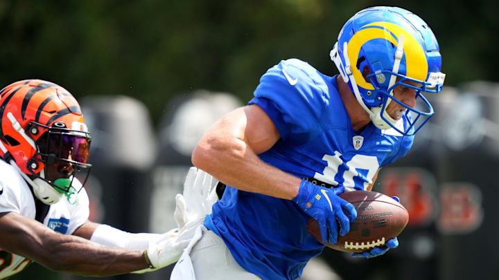 Los Angeles Rams wide receiver Cooper Kupp (10) completes a catch during a joint practice with the Cincinnati Bengals, Wednesday, Aug. 24, 2022, at the Paycor Stadium practice fields in Cincinnati.

Los Angeles Rams At Cincinnati Bengals Joint Practice Aug 24 0050