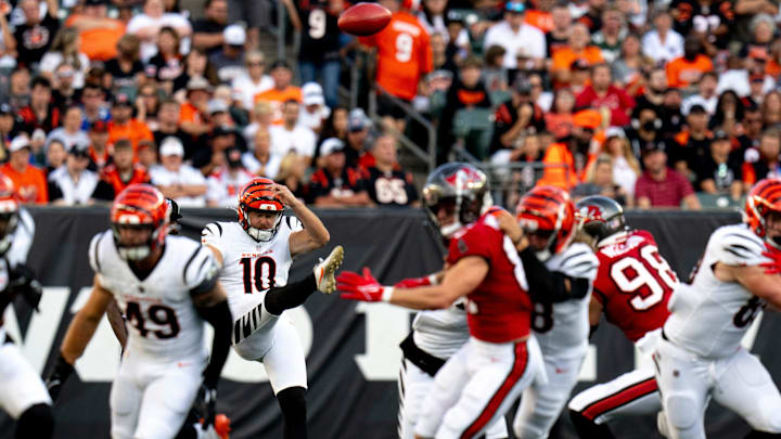 Cincinnati Bengals punter Brad Robbins (10) punts in the first quarter of the NFL preseason game at Paycor Stadium in Cincinnati on Saturday, August 10, 2024.