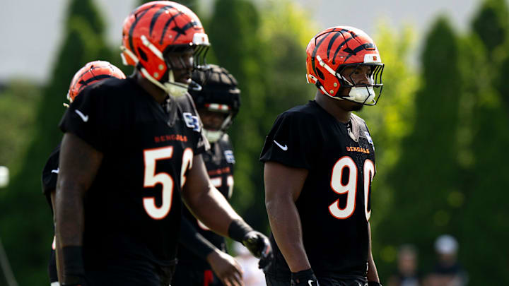 Cincinnati Bengals defensive tackle Kris Jenkins Jr. stands during the Bengals camp in Cincinnati on July 27, 2025.