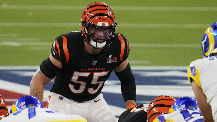 Feb 13, 2022; Inglewood, CA, USA; Cincinnati Bengals linebacker Logan Wilson (55) looks on against the Los Angeles Rams in the fourth quarter of Super Bowl LVI at SoFi Stadium. Mandatory Credit: Robert Hanashiro-Imagn Images