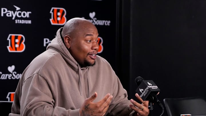 Newly signed Cincinnati Bengals defense tackle Dexter Lawrence speaks in a press conference for the first time since joining the team at Paycor Stadium in Cincinnati on Monday, April 20, 2026.