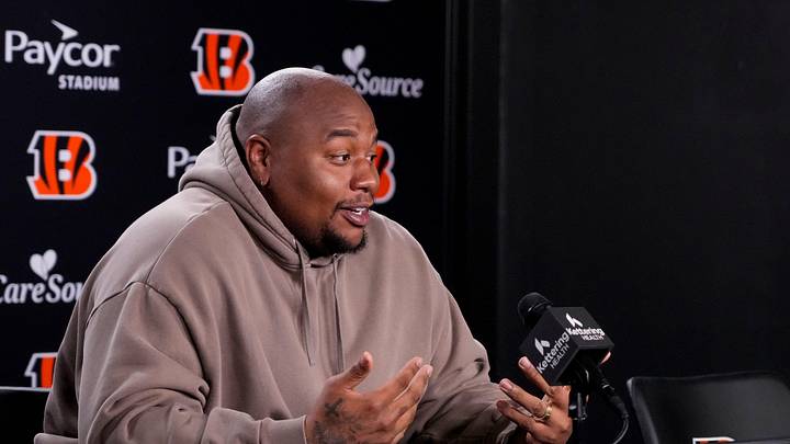 Newly signed Cincinnati Bengals defense tackle Dexter Lawrence speaks in a press conference for the first time since joining the team at Paycor Stadium in Cincinnati on Monday, April 20, 2026. Newly signed Cincinnati Bengals defense tackle Dexter Lawrence speaks in a press conference for the first time since joining the team at Paycor Stadium in Cincinnati on Monday, April 20, 2026.