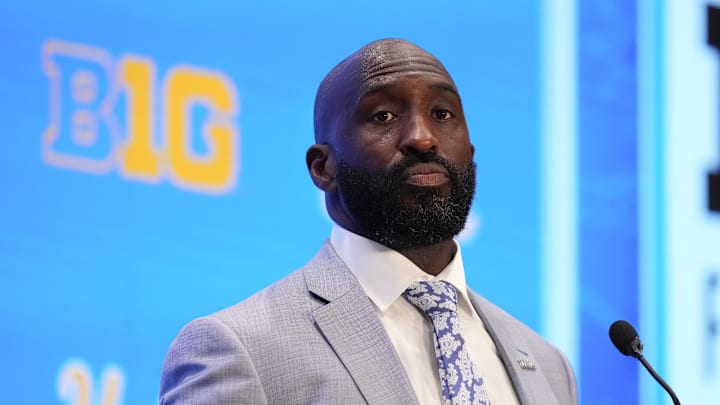 Jul 24, 2025; Las Vegas, NV, USA; UCLA head coach DeShaun Foster speaks to the media during the Big Ten NCAA college football media days at Mandalay Bay Resort. Mandatory Credit: Lucas Peltier-Imagn Images