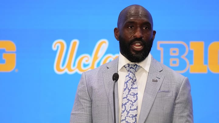 Jul 24, 2025; Las Vegas, NV, USA; UCLA head coach DeShaun Foster speaks to the media during the Big Ten NCAA college football media days at Mandalay Bay Resort. Mandatory Credit: Lucas Peltier-Imagn Images