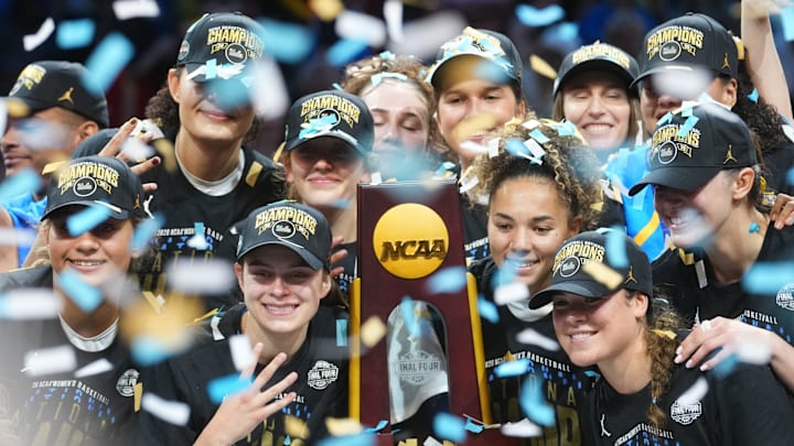 The UCLA Bruins celebrate their 79-51 win over the South Carolina Gamecocks to claim the NCAA women's basketball national championship at Mortgage Matchup Center in Phoenix on April 5, 2026. The UCLA Bruins celebrate their 79-51 win over the South Carolina Gamecocks to claim the NCAA women's basketball national championship at Mortgage Matchup Center in Phoenix on April 5, 2026.