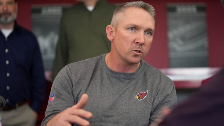 Mar 8, 2023; Tempe, AZ, USA; Arizona Cardinals tight ends coach Ben Steele speaks with the media as he is introduced as a new hire with fellow coaches at Arizona Cardinals facility.

Nfl Cardinals Offensive Assistant Coaches Introduction