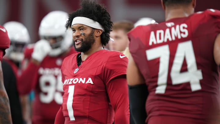 Arizona Cardinals quarterback Kyler Murray walks the sidelines as they play a preseason game against the Kansas City Chiefs at State Farm Stadium on Aug. 9, 2025.