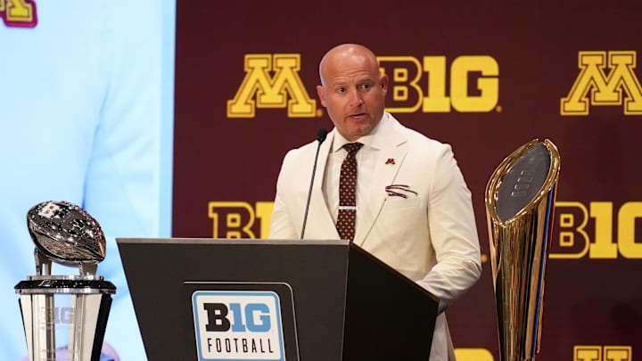Jul 23, 2025; Las Vegas, NV, USA; Minnesota head coach P.J. Fleck speaks to the media during the Big Ten NCAA college football media days at Mandalay Bay Resort. Mandatory Credit: Lucas Peltier-Imagn Images