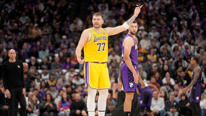 Jan 12, 2026; Sacramento, California, USA; Los Angeles Lakers guard Luka Doncic (77) reacts after missing a shot against the Sacramento Kings in the fourth quarter at the Golden 1 Center. Mandatory Credit: Cary Edmondson-Imagn Images Jan 12, 2026; Sacramento, California, USA; Los Angeles Lakers guard Luka Doncic (77) reacts after missing a shot against the Sacramento Kings in the fourth quarter at the Golden 1 Center. Mandatory Credit: Cary Edmondson-Imagn Images