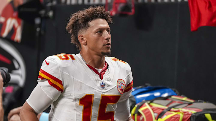 Sep 22, 2024; Atlanta, Georgia, USA; Kansas City Chiefs quarterback Patrick Mahomes (15) leaves the field after the Chiefs defeated the Atlanta Falcons at Mercedes-Benz Stadium. Mandatory Credit: Dale Zanine-Imagn Images