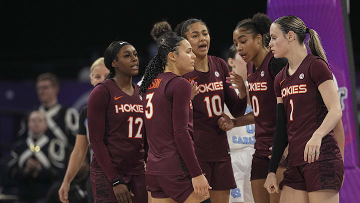 Mar 6, 2026; Duluth, GA; Virginia Tech players react on the court during the game against North Carolina.