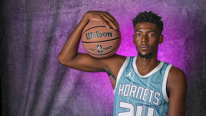 Sep 30, 2024; Charlotte, NC, USA; Charlotte Hornets forward Brandon Miller (24) poses for a photo at Charlotte Hornets Media Day at the Spectrum Center in Charlotte, NC. Mandatory Credit: Jim Dedmon-Imagn Images