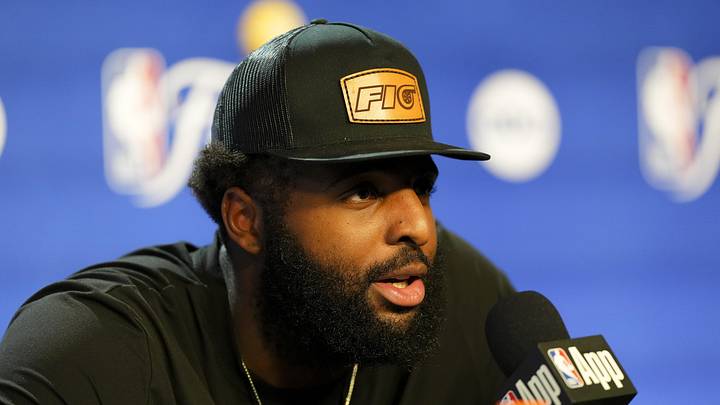 Jun 5, 2026; San Antonio, Texas, USA; New York Knicks center Mitchell Robinson (23) speaks with the media after the game between the Spurs and the Knicks in game two of the 2026 NBA Finals at Frost Bank Center. Mandatory Credit: Daniel Dunn-Imagn Images