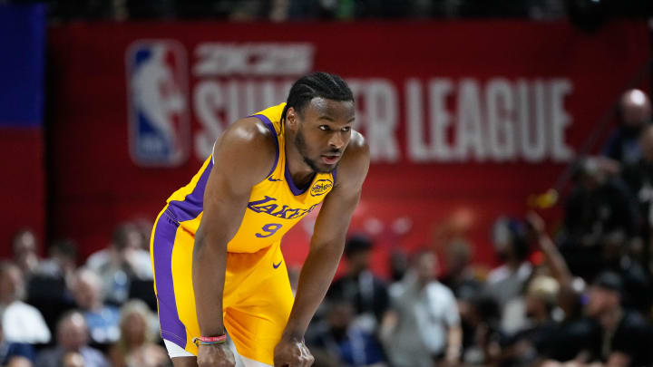 Jul 12, 2024; Las Vegas, NV, USA; Los Angeles Lakers guard Bronny James (9) competes against the Houston Rockets during the first half at Thomas & Mack Center. Mandatory Credit: Lucas Peltier-USA TODAY Sports Jul 12, 2024; Las Vegas, NV, USA; Los Angeles Lakers guard Bronny James (9) competes against the Houston Rockets during the first half at Thomas & Mack Center. Mandatory Credit: Lucas Peltier-USA TODAY Sports