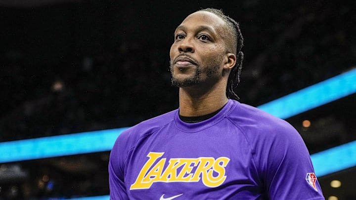 Jan 28, 2022; Charlotte, North Carolina, USA; Los Angeles Lakers center Dwight Howard (39) during the second quarter against the Charlotte Hornets at the Spectrum Center. Mandatory Credit: Jim Dedmon-Imagn Images