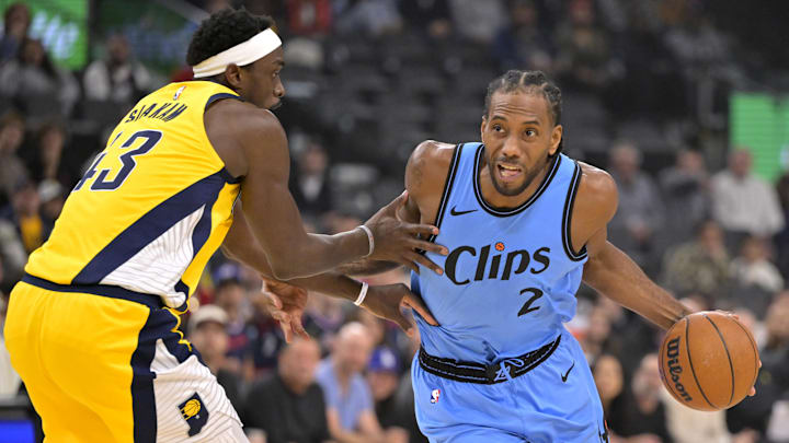 Feb 6, 2025; Inglewood, California, USA; Los Angeles Clippers forward Kawhi Leonard (2) is defended by Indiana Pacers forward Pascal Siakam (43) as he drives to the basket in the first half at Intuit Dome. Mandatory Credit: Jayne Kamin-Oncea-Imagn Images Feb 6, 2025; Inglewood, California, USA; Los Angeles Clippers forward Kawhi Leonard (2) is defended by Indiana Pacers forward Pascal Siakam (43) as he drives to the basket in the first half at Intuit Dome. Mandatory Credit: Jayne Kamin-Oncea-Imagn Images