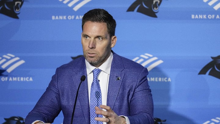 Feb 1, 2024; Charlotte, NC, USA; Carolina Panthers general manager Dan Morgan speaks to the media during the introductory press conference for new  head coach Dave Canales at Bank of America Stadium. Mandatory Credit: Jim Dedmon-Imagn Images