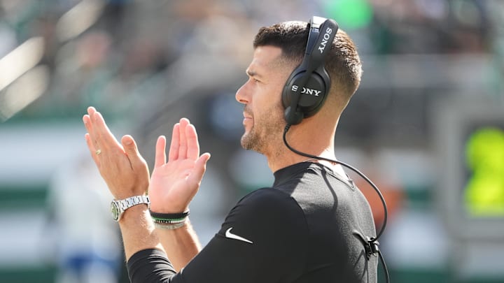 Oct 19, 2025; East Rutherford, New Jersey, USA; Carolina Panthers head coach Dave Canales looks on during warmups prior to the game against the New York Jets at MetLife Stadium. Mandatory Credit: Robert Deutsch-Imagn Images