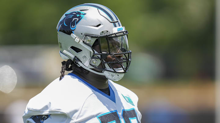 Jun 11, 2025; Charlotte, NC, USA; Carolina Panthers offensive tackle Ikem Ekwonu (79) during minicamp at Bank of America Stadium. Mandatory Credit: Jim Dedmon-Imagn Images