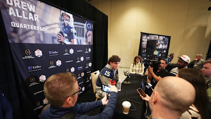 Penn State Nittany Lions quarterback Drew Allar speaks to the media at Fiesta Bowl media day in Scottsdale, Arizona. Penn State Nittany Lions quarterback Drew Allar speaks to the media at Fiesta Bowl media day in Scottsdale, Arizona.