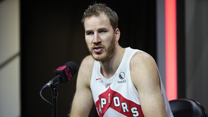 Sep 30, 2024; Toronto, Ontario, Canada; Toronto Raptors center Jakob Poeltl (19) talks to the media during media day at Scotiabank Area. Mandatory Credit: John E. Sokolowski-Imagn Images