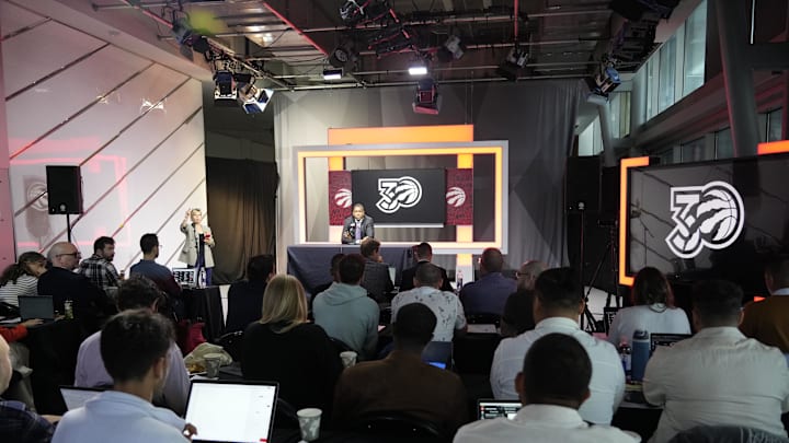 Sep 30, 2024; Toronto, Ontario, Canada; A general view of Toronto Raptors Vice-Chairman and Team President Masai Ujiri during a media conference at Scotiabank Area. Mandatory Credit: John E. Sokolowski-Imagn Images
